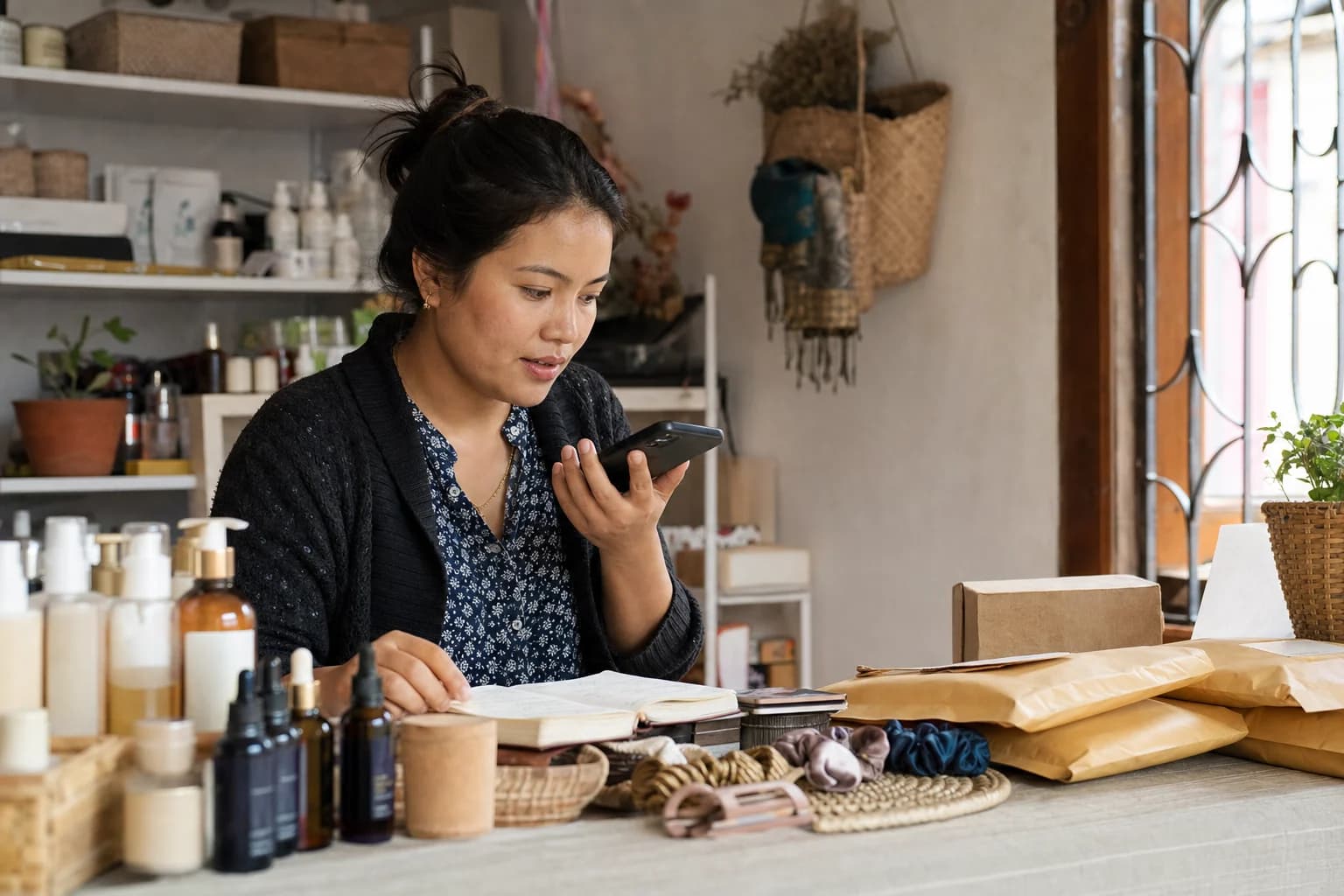 A Nepali cosmetics seller listening to a customer voice message at her worktable